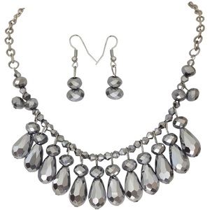 Hematite Grey Glass Drop Necklace Earrings Set